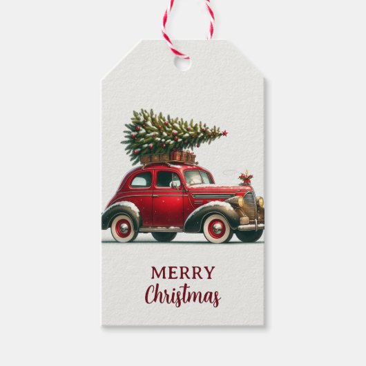 Een rode vintage kerstauto Gift Label Cadeaulabel (Voorkant)