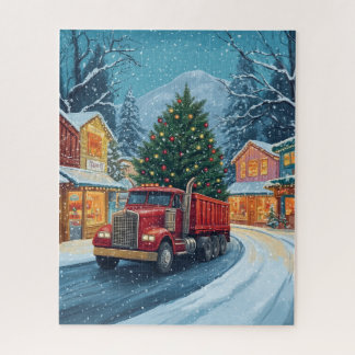 Een rode vrachtwagen met een kerstboom legpuzzel