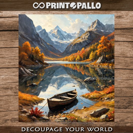 Een roeiboot op een bergmeer in de herfst tissuepapier