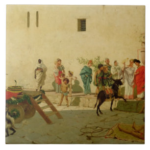 Een Romeinse Street Scene met musici en een perfor Tegeltje