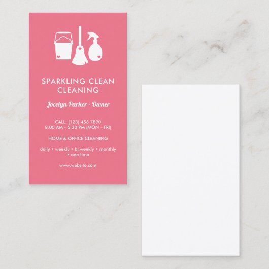 Eén ronde roze roze reinigingsbenodigdheden bevest visitekaartje (Voorkant / Achterkant)