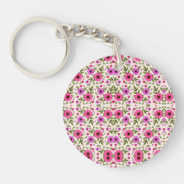 Een ronde sleutelhanger met een levendig roze en g