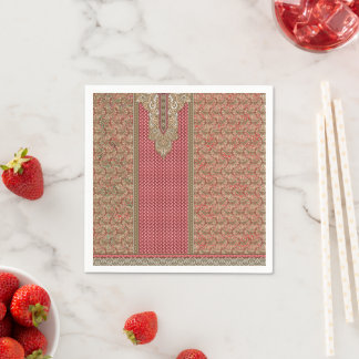 Een rood en beige tapijt met een gouden rand servet