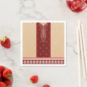 Een rood en beige tapijt met een rode rand servet