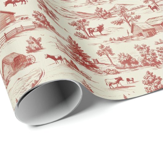 Een rood en crème toilet van een land Koe Boerderi Cadeaupapier (Rol Hoek)