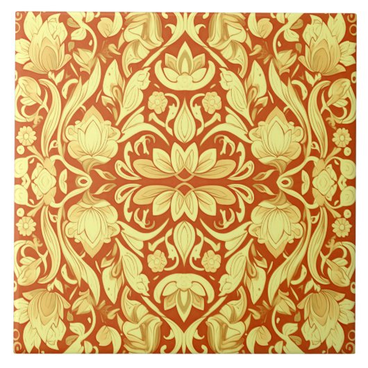 Een rood en geel bloemmotief tegeltje (Voorkant)