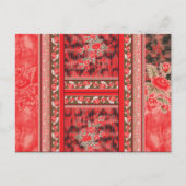 Een rood en groen bloemontwerp op een zwarte achte briefkaart (Voorkant)
