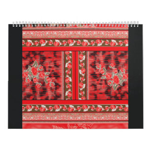 Een rood en groen bloemontwerp op een zwarte achte kalender