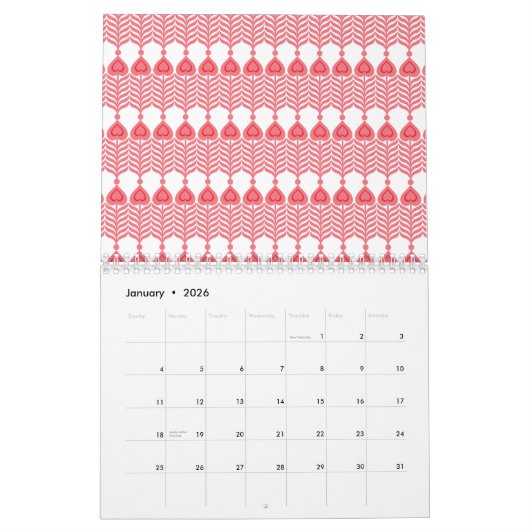 Een rood en roze geometrisch patroon met interlo kalender (Jan 2026)