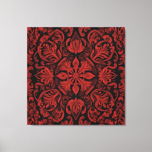 Een rood en zwart vierkant met florale design canvas afdruk (Voorkant)