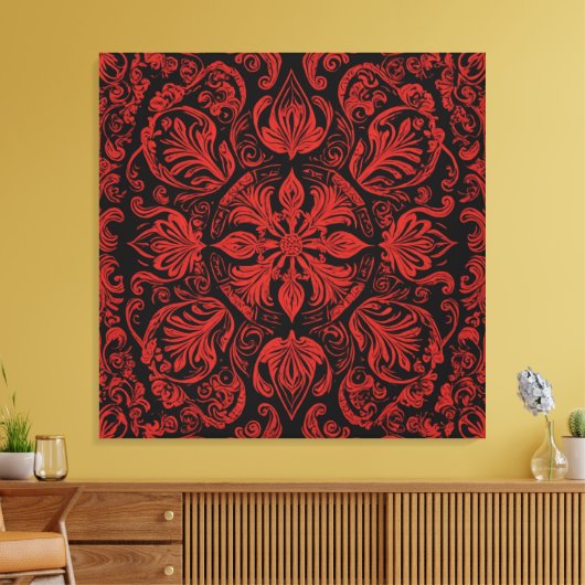 Een rood en zwart vierkant met florale design canvas afdruk (Insitu (Woonkamer))