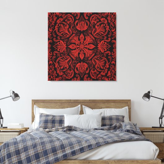 Een rood en zwart vierkant met florale design canvas afdruk (Insitu (Slaapkamer))