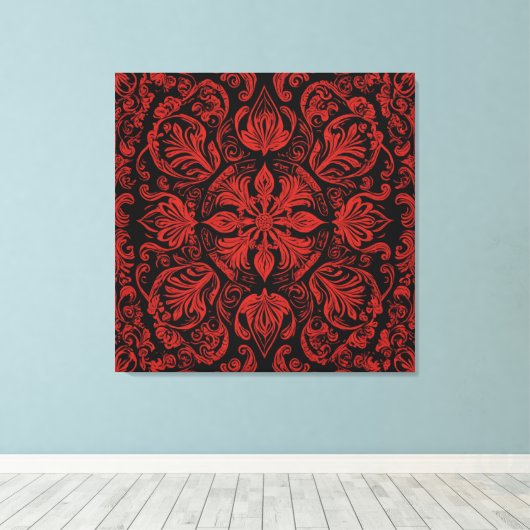 Een rood en zwart vierkant met florale design canvas afdruk (Insitu (Houten vloer))