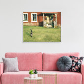 Een rood huis met een kat op het gazon. canvas afdruk (Insitu (Woonkamer))