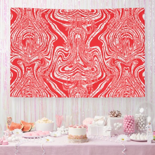 Een rood-wit afbeelding van een patroon op een wit spandoek (Feest)