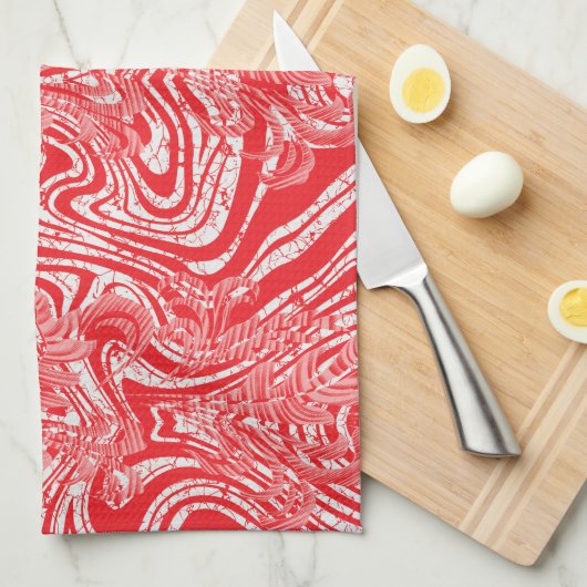 Een rood-wit afbeelding van een patroon op een wit theedoek (Quarter Fold)