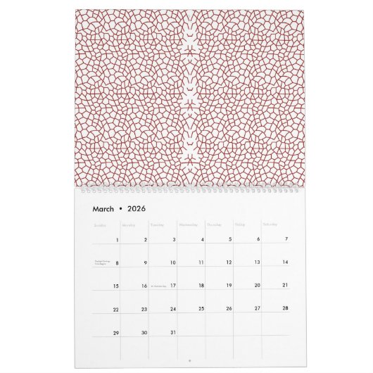 Een rood-wit behang met een patroon erop kalender (Mar 2026)