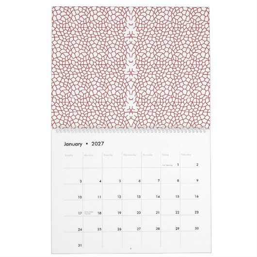 Een rood-wit behang met een patroon erop kalender (Jan 2027)