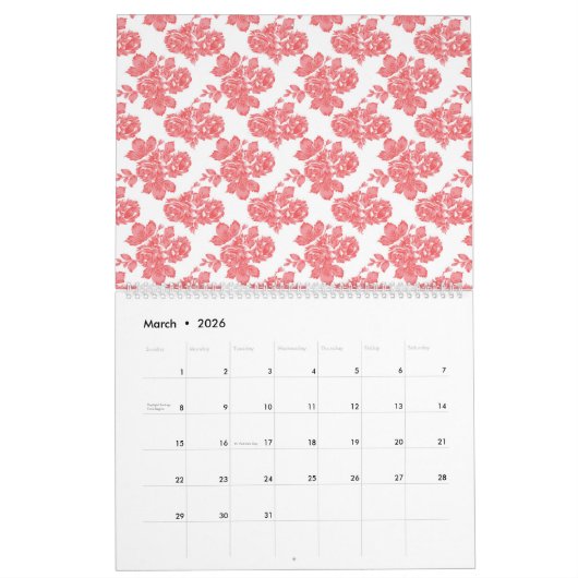 Een rood-wit bloempatroon op een witte achtergrond kalender (Mar 2026)