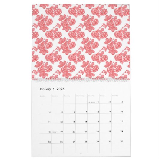 Een rood-wit bloempatroon op een witte achtergrond kalender (Jan 2026)
