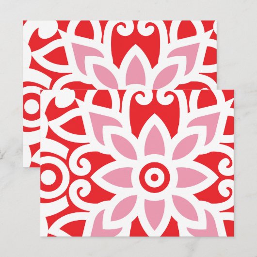 Een rood-wit patroon met een bloem erop briefkaart (Voorkant / Achterkant)
