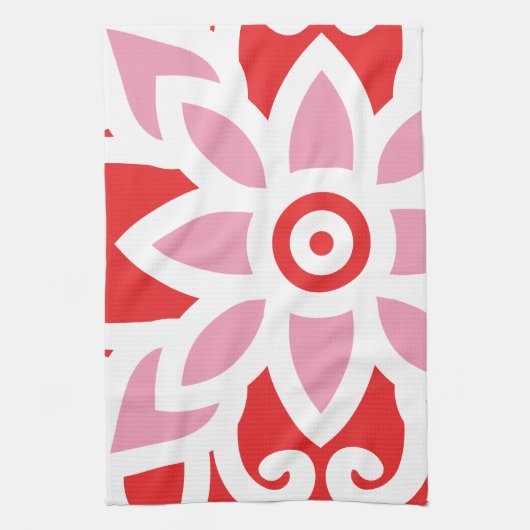 Een rood-wit patroon met een bloem erop theedoek (Verticaal)