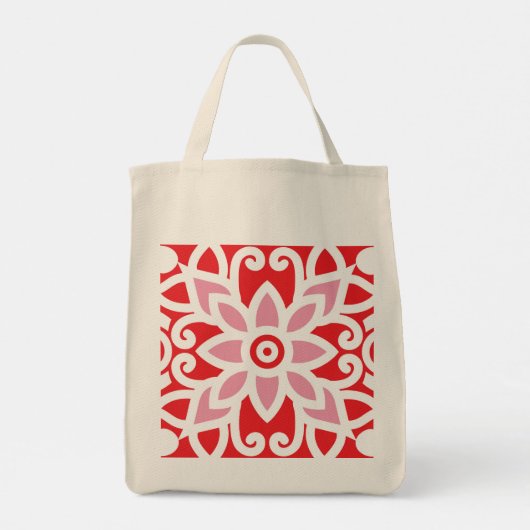 Een rood-wit patroon met een bloem erop tote bag (Achterkant)