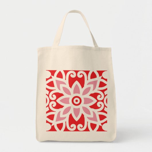 Een rood-wit patroon met een bloem erop tote bag (Voorkant)