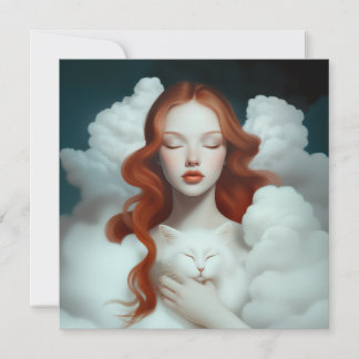 Een roodharige vrouw die een kat in de wolken houd bedankkaart