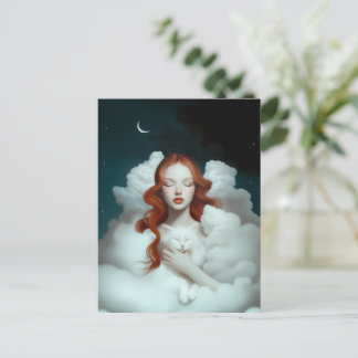 Een roodharige vrouw die een kat in de wolken houd briefkaart