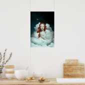 Een roodharige vrouw die een kat in de wolken houd poster (Keuken)