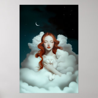 Een roodharige vrouw die een kat in de wolken houd poster