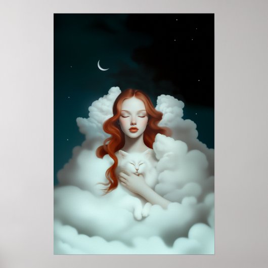 Een roodharige vrouw die een kat in de wolken houd poster (Voorkant)