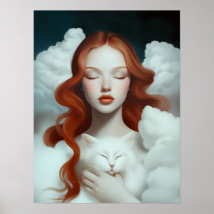 Een roodharige vrouw die een kat in de wolken houd poster