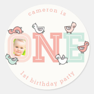 Eén roze baby eendjes 1e verjaardagsfeestje sticke ronde sticker
