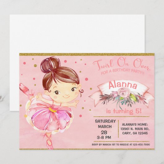Een roze ballet tutu-meisje met een uitnodiging vo (Voorkant / Achterkant)