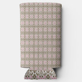 Een roze en bruin patroon op een witte achtergrond seltzer blikjeskoeler (Achterkant)