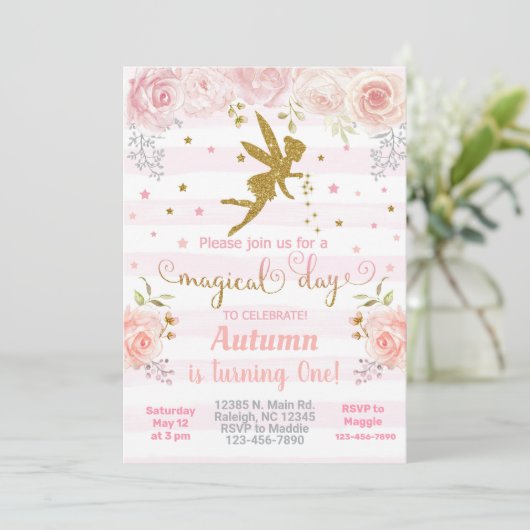 Een roze en goudfee meisje wordt uitgenodigd voor kaart (Staand voorkant)