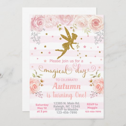 Een roze en goudfee meisje wordt uitgenodigd voor  kaart (Voorkant / Achterkant)