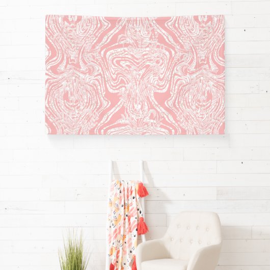 Een roze en wit abstract ontwerp op een witte acht spandoek (Insitu)