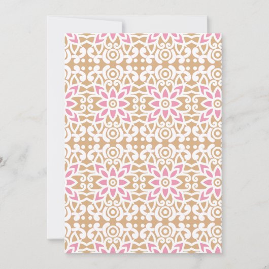 Een roze en witte bloem patroon op een bruine acht aankondiging (Voorkant)