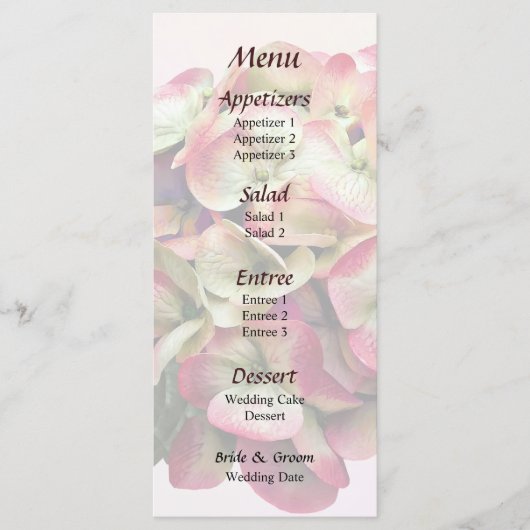 Eén roze en witte hortensia bruiloftsmenu menu (Voorkant)