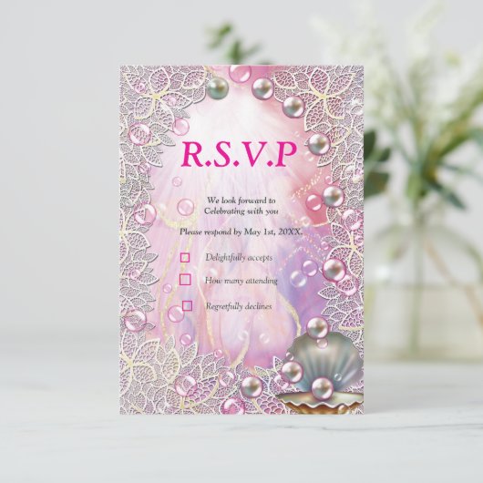 Een roze en witte marmeren afwerking met geborstel RSVP kaartje (Staand voorkant)