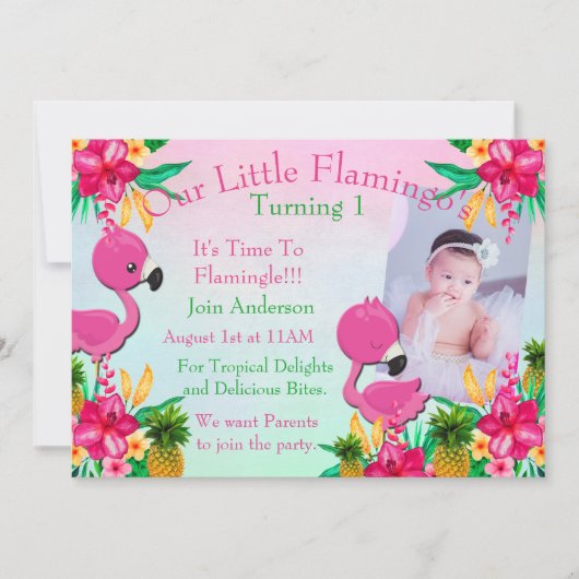 Een roze Flamingo Flamingling 1st bday Party nodig Kaart (Voorkant)