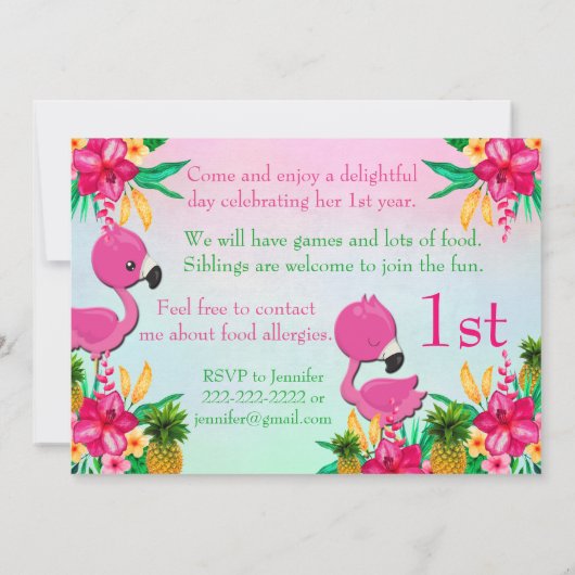 Een roze Flamingo Flamingling 1st bday Party nodig Kaart (Achterkant)