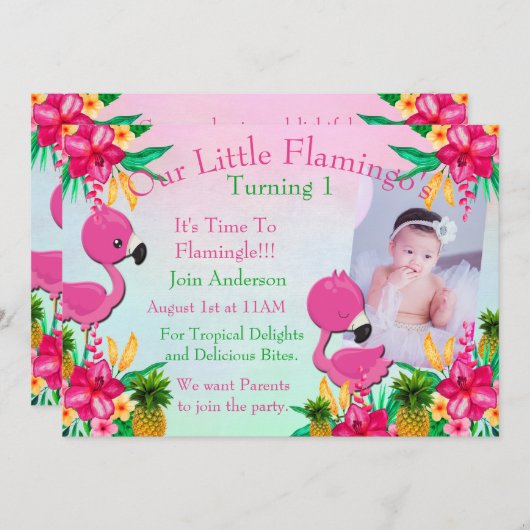 Een roze Flamingo Flamingling 1st bday Party nodig Kaart (Voorkant / Achterkant)