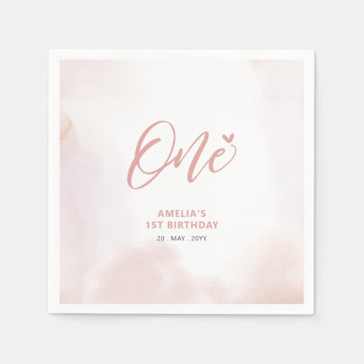 Eén | Roze hart en Waterverf meisje 1e verjaardag Servet (Voorkant)