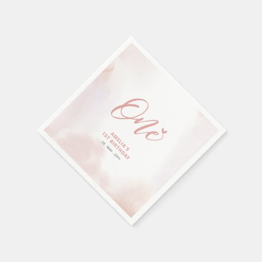 Eén | Roze hart en Waterverf meisje 1e verjaardag Servet (Hoek)