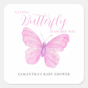  Een Roze Meisje Baby Shower met een Kleine Vlinde Vierkante Sticker