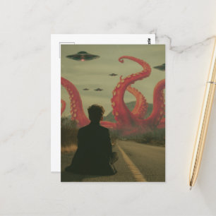 Een roze octopus en UFO's Persoon die langs de weg Briefkaart
